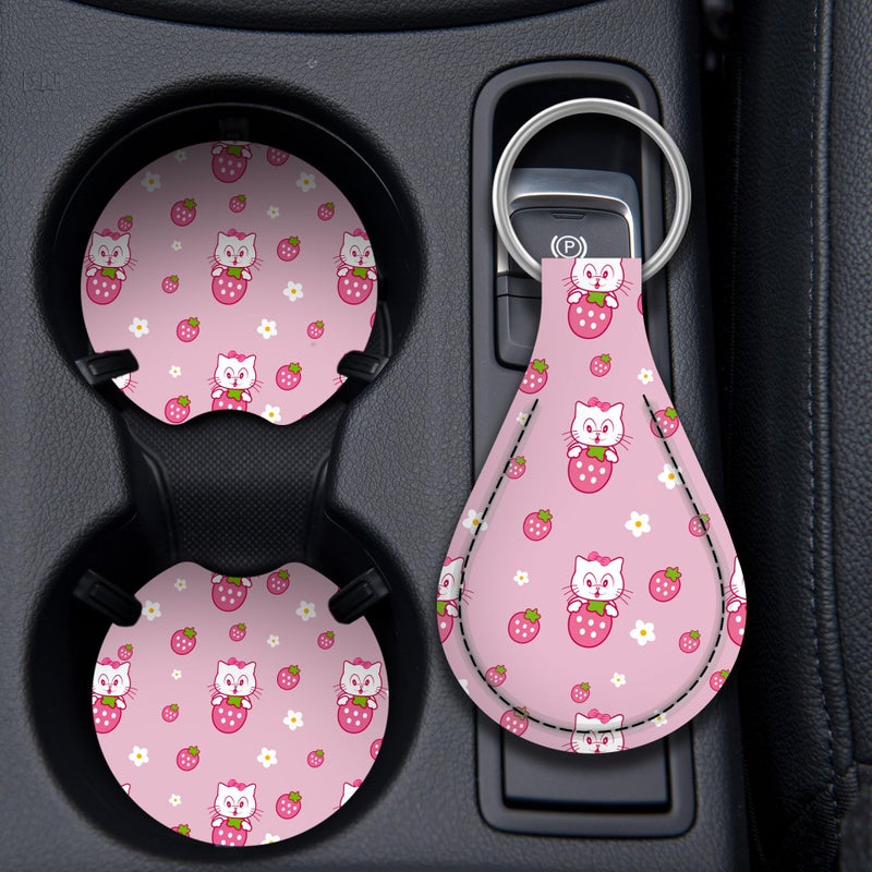 Zadin Kitty Accessories Car  Strawberry Pink Hello Cat Wheel Cover  Y2K Car Accessories  Girly Steering Wheel Cover  Universal Fit 14.5-15 inch Auto SUV Vans Trucks  Anti-Slip and Sweat Absorption - Image 4
